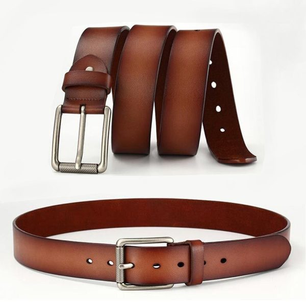 New Cowhide Leather Men Belt Pin Buckle Luxury Male Belts (Brown)