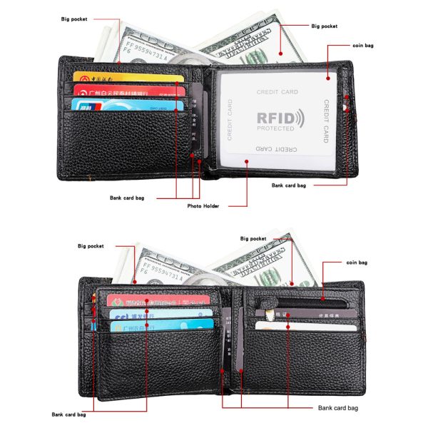 Men’s Genuine Leather Bilfold Wallet RFID Blocking Card Holder Zipper Coin Purse