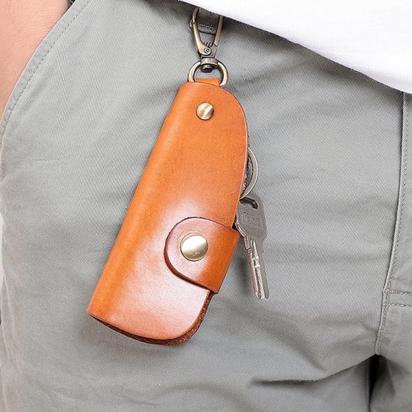 Genuine Leather Wallet Purse Bag Case Holder Key Ring Pouch Bag Safe Hanger (Tan)