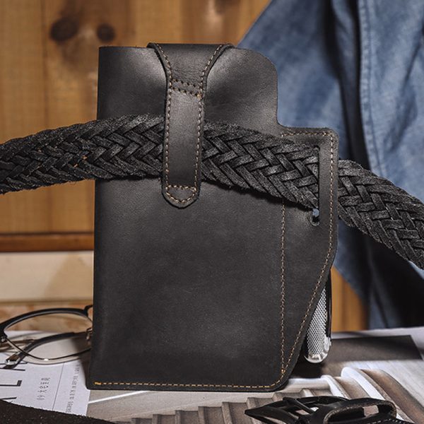 Men’s Genuine Leather Retro Belt Waist Bag Cell Phone Belt Bag (Black)