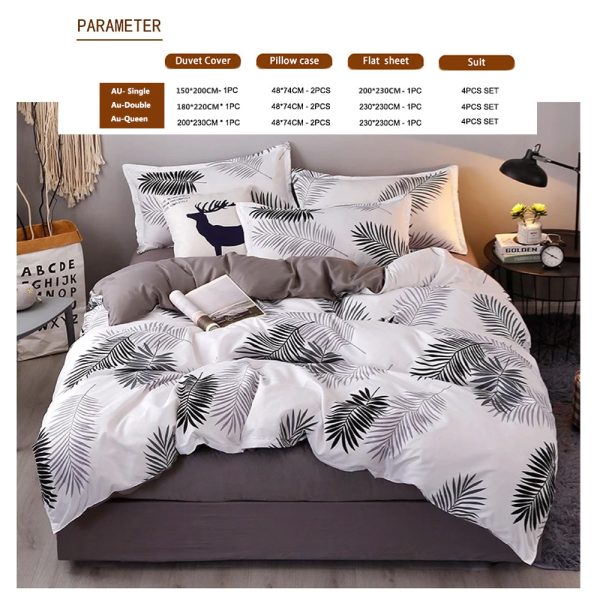 Palm Leaves Pattern Aloe Cotton Flat Sheet Quilt Cover Pillowcases 4pcs Bedding Set (Double)