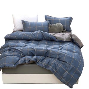 Blue Plaid Pattern Aloe Cotton Flat Sheet Quilt Cover Pillowcases 4pcs Bedding Set Duvet Doona Quilt Cover Set (Double)