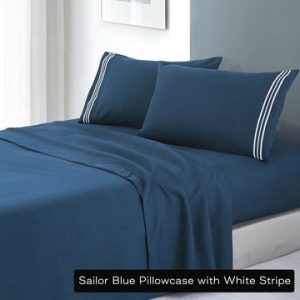 soft microfibre embroidered stripe sheet set double Sailor Blue Pillowcase White Stripe