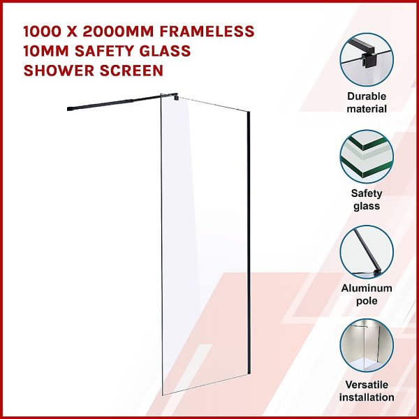 1000 x 2000mm Frameless 10mm Safety Glass Shower Screen