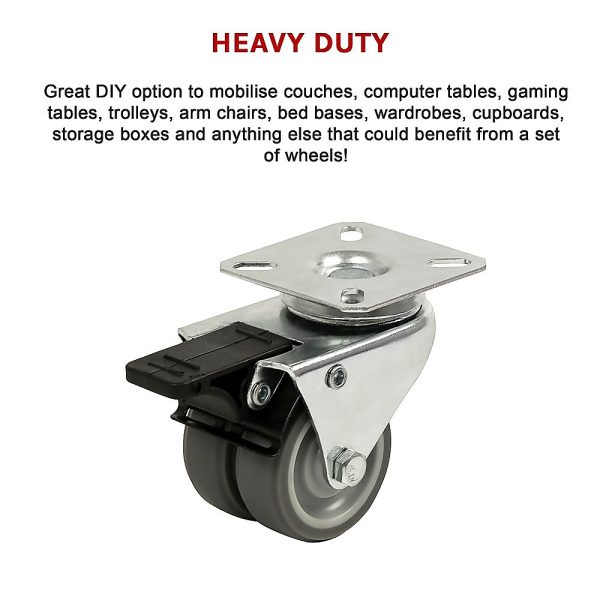 4 x 2″ Heavy Duty Swivel Double Wide Castor Wheels Trolley 50mm Furniture Rubber With Brake
