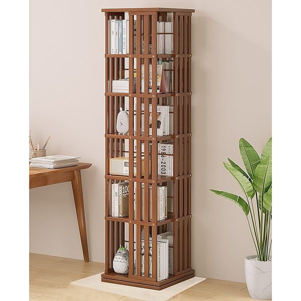 360 Rotating Bookshelf Bamboo Storage Display Rack Shelving in Dark Wood