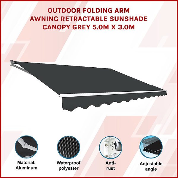 Outdoor Folding Arm Awning Retractable Sunshade Canopy Grey 5.0m x 3.0m