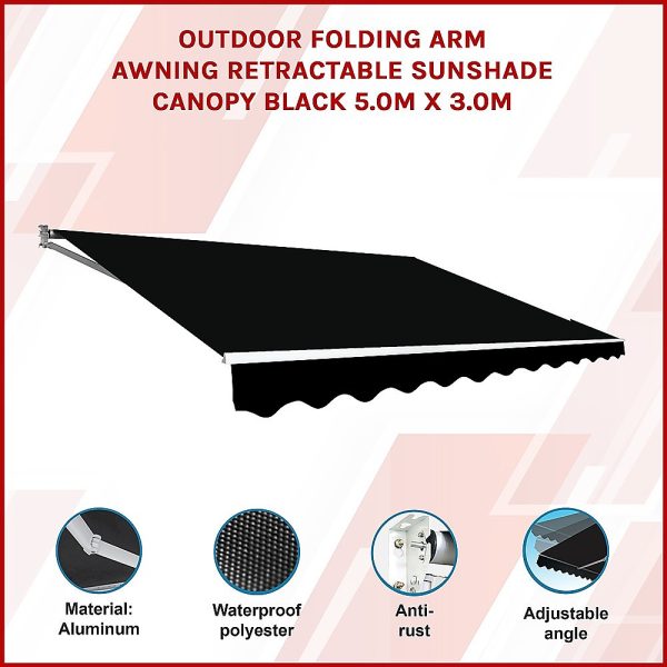 Outdoor Folding Arm Awning Retractable Sunshade Canopy Black 5.0m x 3.0m