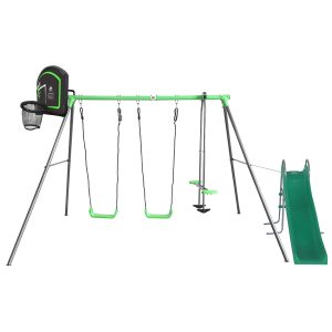 Hurley 5 Station Metal Swing Set with Slippery Slide and Basketball Ring