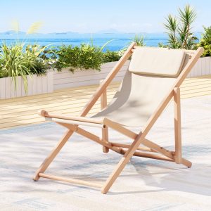 Outdoor Deck Chair Wooden Sun Lounge Folding Beach Patio Furniture Beige