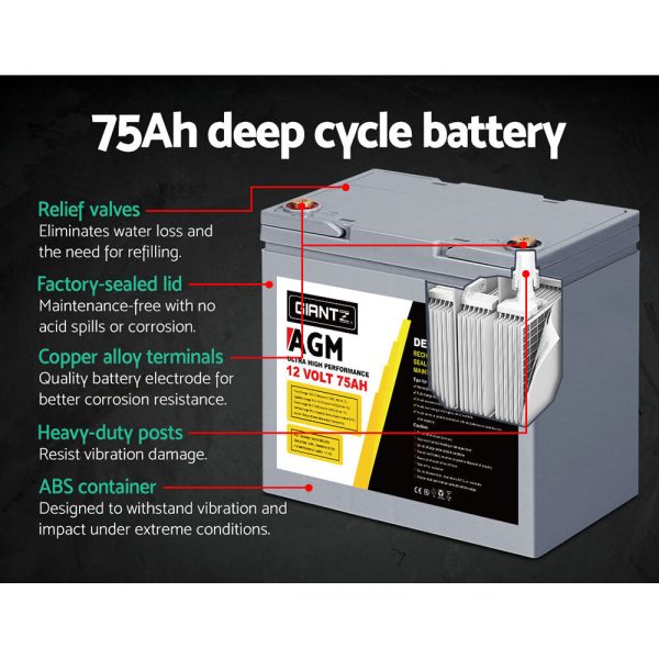 AGM Deep Cycle Battery 12V 75Ah Marine Sealed Power Portable Box Solar X2