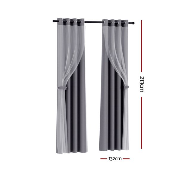 2X 132x213cm Blockout Sheer Curtains Charcoal