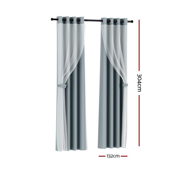 2X 132x304cm Blockout Sheer Curtains Light Grey