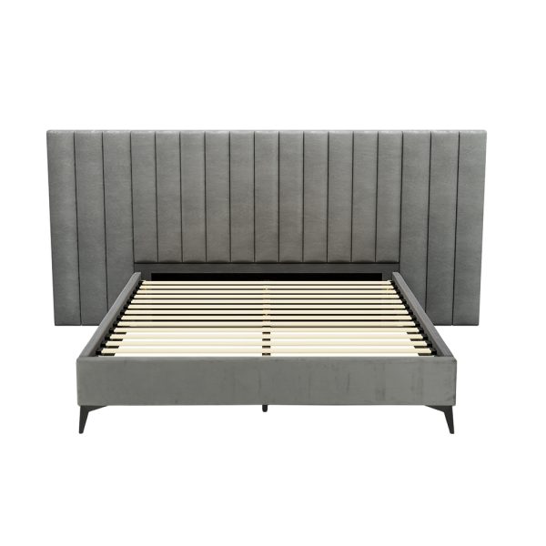Bed Frame Queen Size Bed Base w Oversized Headboard Velvet Fabric Grey