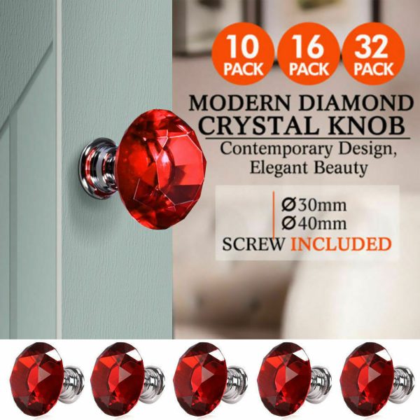 10 Pcs 40mm Red Diamond Shape Glass Door Knob Drawer Cabinet Handle