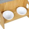 Wooden Pet House Cat Kennel Elevated Double Feeder Raised Feeding Bowls