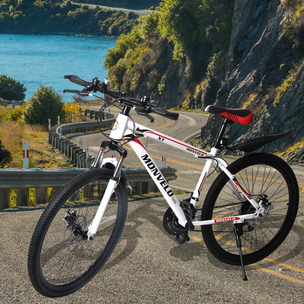 26” Mountain Bike 21 Speed Bicycle Front Suspension Men Carboon Steel Red Wihte