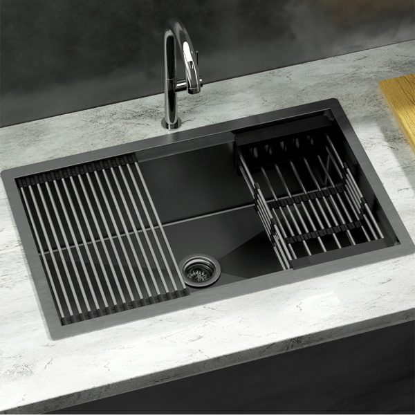 Cefito Kitchen Sink Stainless Steel 70X45CM Single Bowel with Drying Rack Black