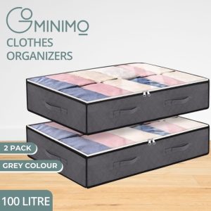 2 Pack 100L Underbed Storage Containers with Reinforced Handles and Clear Window Grey