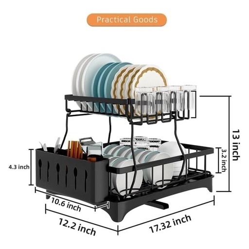 2 Tier Dish Drying Rack with Drain Board and Drip Tray for Kitchen Countertop (Black) GO-DR-102-JTM