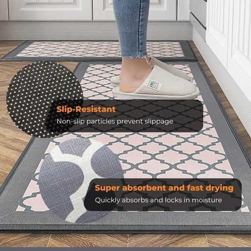 2 PCS Washable Non Slip Absorbent Kitchen Floor Mat (44×80+44x150cm, Grey Lucky Clover)