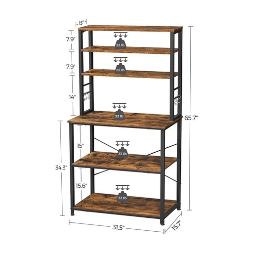 6 Tier Storage Shelves with 6 Hooks Rustic Brown and Black