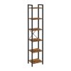 Narrow Bookcase Small 6-Tiers Bookshelf Industrial Rustic Brown and Black