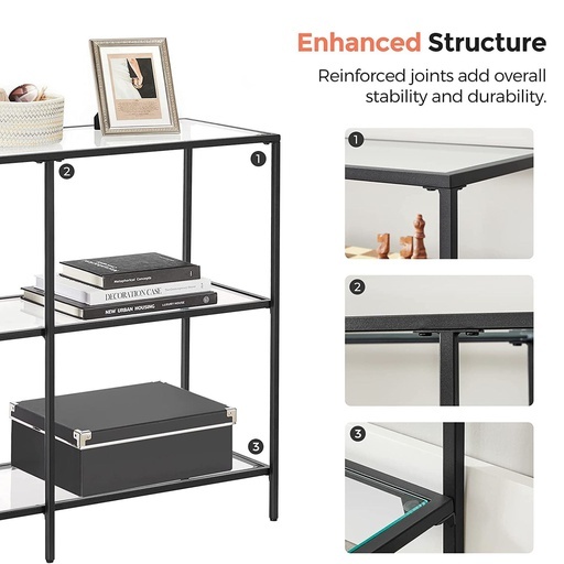 Storage Rack Console Sofa Table with 3 Shelves Steel Frame Tempered Glass Shelf Modern Style Black