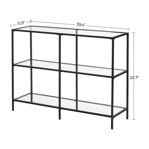 Storage Rack Console Sofa Table with 3 Shelves Steel Frame Tempered Glass Shelf Modern Style Black