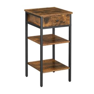 Nightstand End Table with a Drawer and 2 Storage Shelves Industrial Rustic Brown and Black