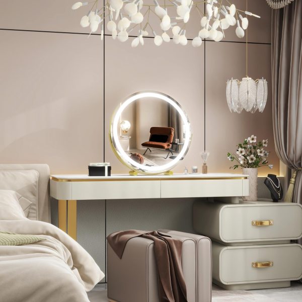 45cm Large Makeup Desk Mirror Lights Round LED Makeup Make up Mirror Bedroom Tabletop Touch Control Gold