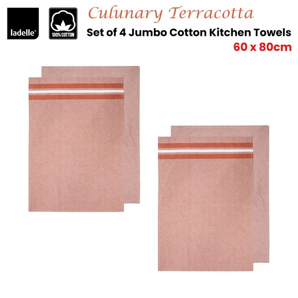 Culinary Terracotta Cotton Set of 4 Jumbo Kitchen Towels 60 x 80 cm