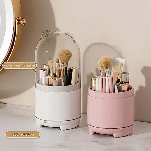 360° Rotating Makeup Brush Bucket Transparent Dust-proof Cosmetic Storage Box(pink)