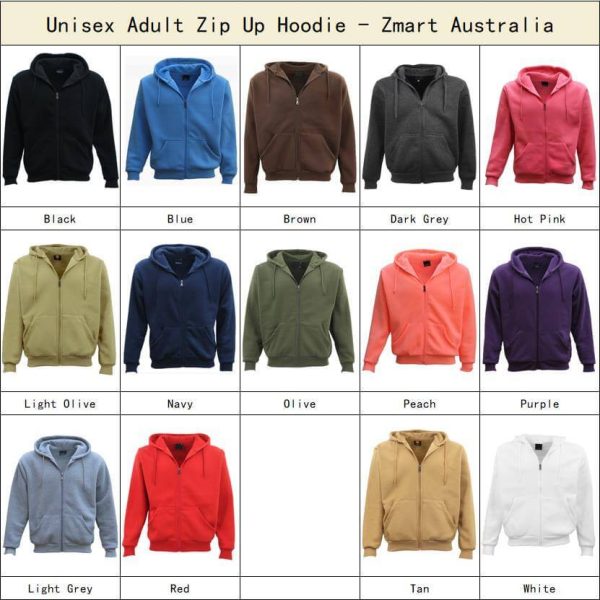 Adult Unisex Zip Plain Fleece Hoodie Hooded Jacket Mens Sweatshirt Jumper XS-8XL, White, XS
