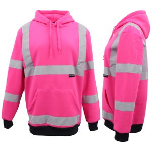HI VIS Hooded Safety Jumper Hoodie Sweatshirt Tradie Workwear Fleece Jacket Coat, Fluro Pink, M