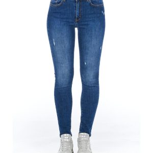 Worn Wash Denim Jeans with Multi-Pockets and Front Closure Women
