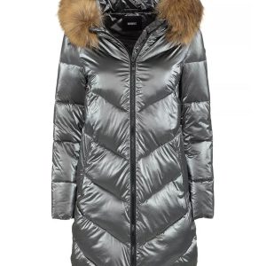 Long Down Jacket with Hood and Eco-Fur S Women
