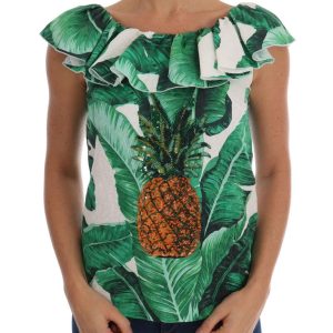Cap Sleeve Blouse Top with Ruffled Neckline and Sequined Pineapple Embroidery Women