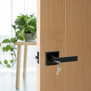Door Handle Set Lever Square – Black, Key Lock Function
