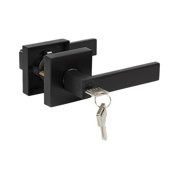 Door Handle Set Lever Square – Black, Key Lock Function