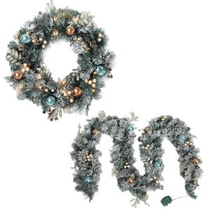 Christmas Garland with Wreath Set Snow Frosted Xmas Tree Decor