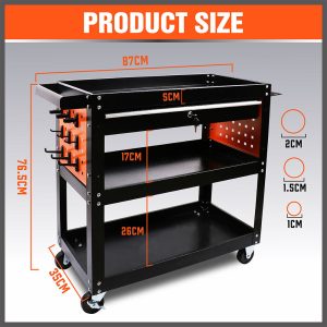 3-Tier Drawer Tool Storage Trolley Workshop Cart Steel Chest w/t Pegboard Hooks