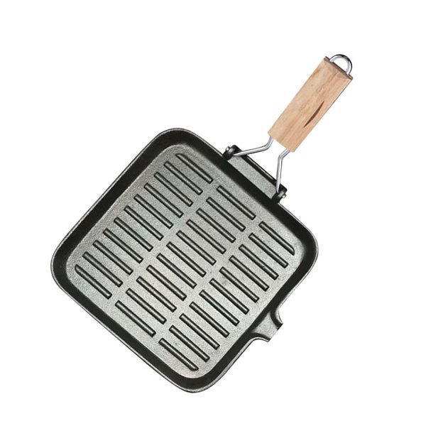 28cm Ribbed Cast Iron Square Steak Frying Grill Skillet Pan with Folding Wooden Handle – 1