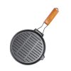 24cm Round Ribbed Cast Iron Steak Frying Grill Skillet Pan with Folding Wooden Handle – 1