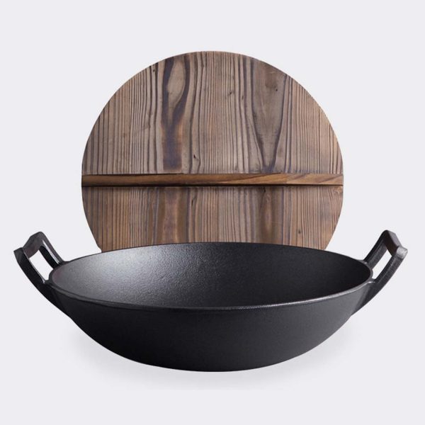 36CM Commercial Cast Iron Wok FryPan with Wooden Lid Fry Pan – 2