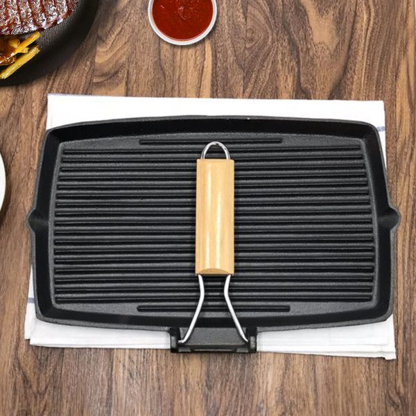 20.5cm Rectangular Cast Iron Griddle Grill Frying Pan with Folding Wooden Handle – 1