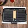 20.5cm Rectangular Cast Iron Griddle Grill Frying Pan with Folding Wooden Handle – 2