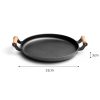 Cast Iron Frying Pan Skillet Steak Sizzle Fry Platter With Wooden Handle No Lid