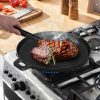 34cm Round Ribbed Cast Iron Frying Pan Skillet Steak Sizzle Platter with Handle – 1