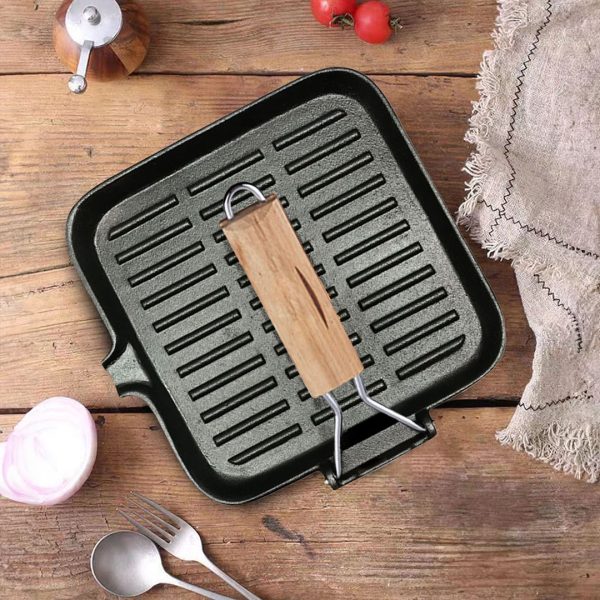 28cm Ribbed Cast Iron Square Steak Frying Grill Skillet Pan with Folding Wooden Handle – 2